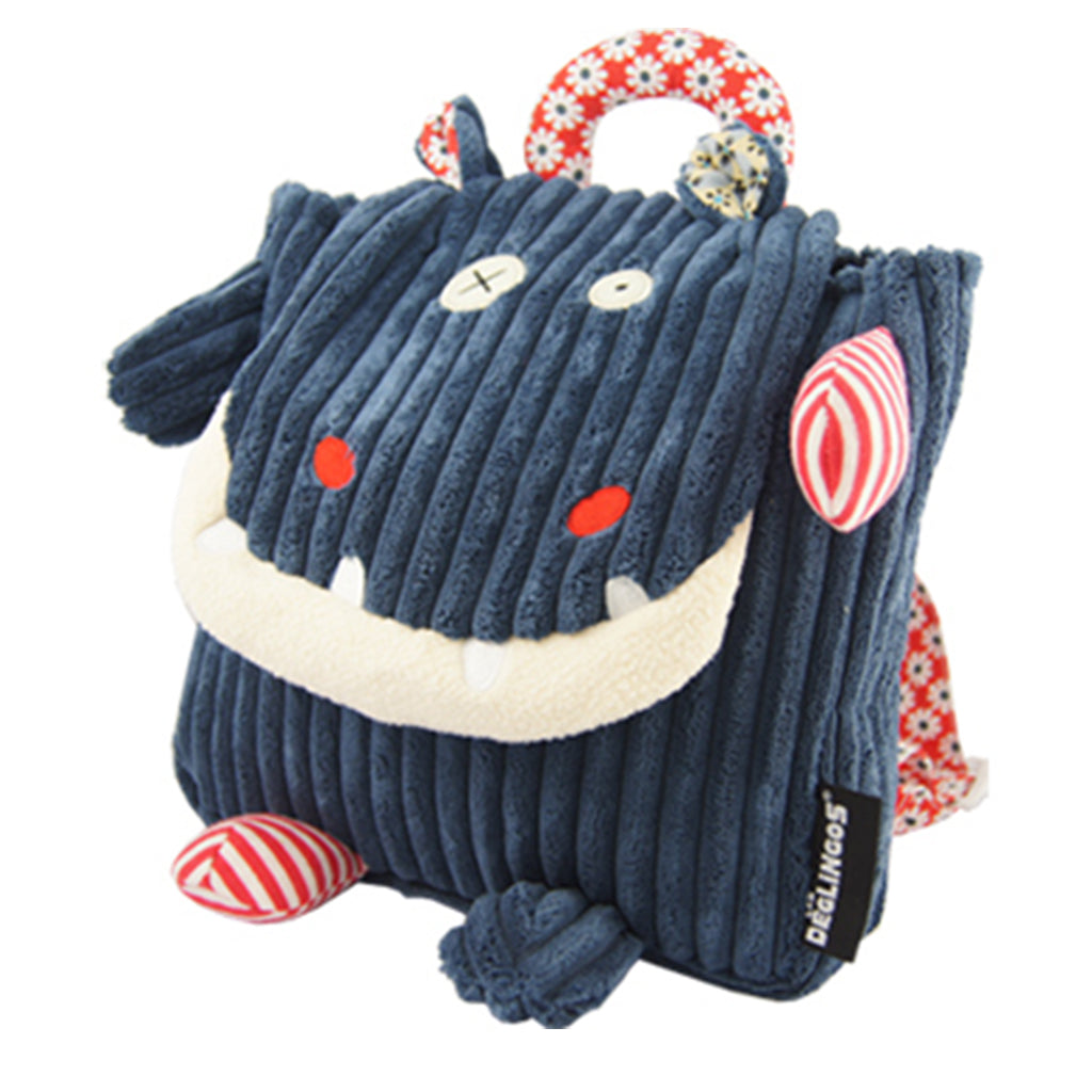 Quirky super soft thick navy corduroy backpack with adjustable colourful white flowers on red fabric shoulder straps and carry handle