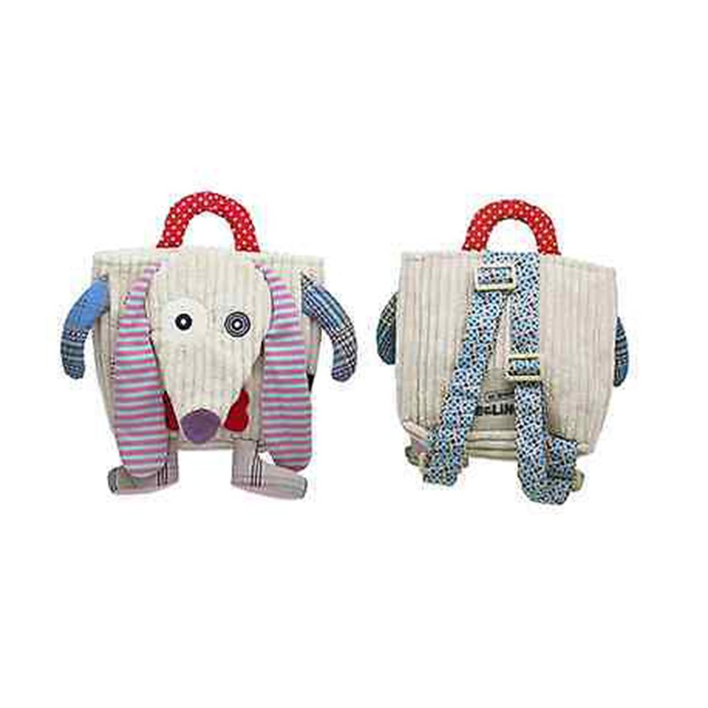 Quirky soft thick corduroy backpack with adjustable colourful shoulder straps and red spotty carry handle
