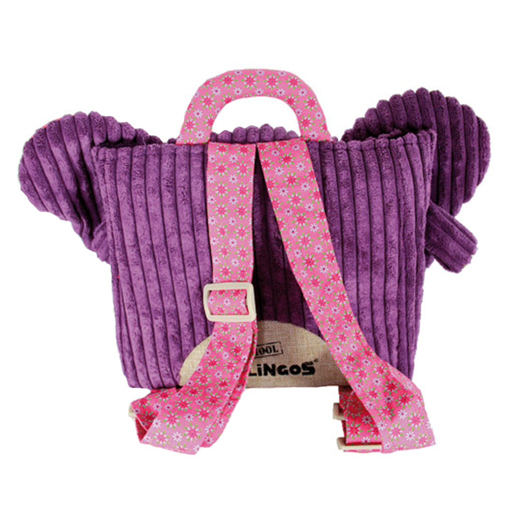 purple deglingos elephant corduroy backpack with big ears bright blue eyes and knotted trunk adjustable shoulder straps