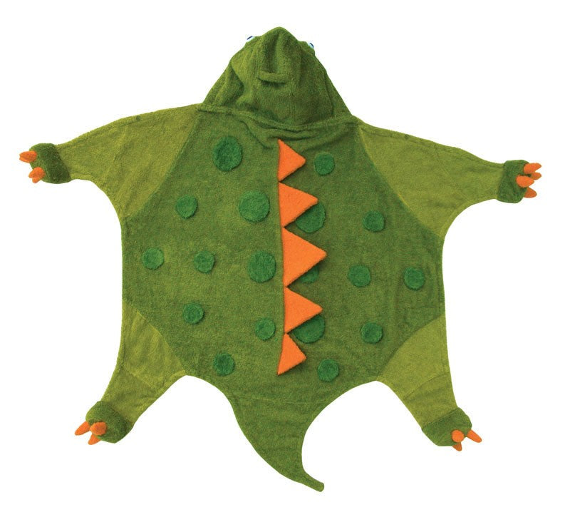 A children’s green dinosaur towel which is ideal for everyday use from bathtime to going swimming or the beach.