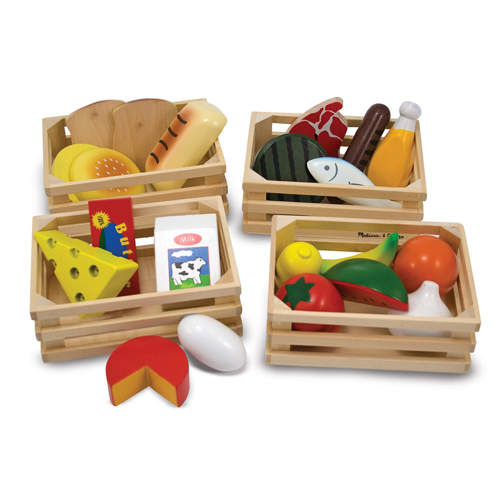 melissa and doug childrens toy food groups wooden crates with wooden fruit veg dairy meat eggs