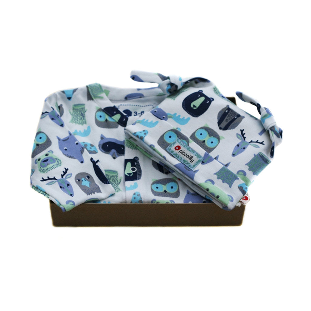 beautifully gift boxed with organic Woodland Animal playsuit / romper and matching Knotted Hat from Piccalilly
