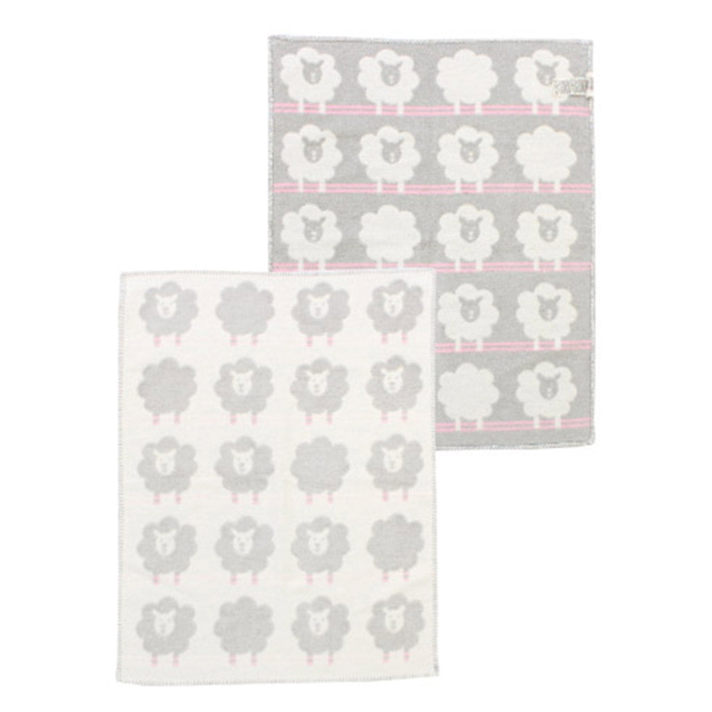 David Fussenegger handmade austrian soft pink grey blanket with fluffy sheep with blanket stitched edges