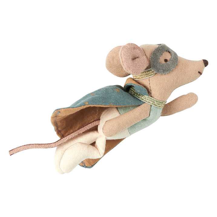 Maileg Guardian Hero Mouse shown flying is a great gift toy for Christmas and Birthday