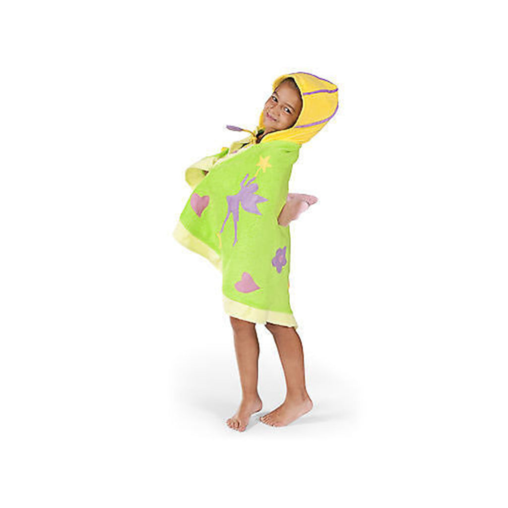 Child wearing a green. yellow, pink and purple Woodland Fairy ideal for everyday use from bath time to going swimming or the beach.
