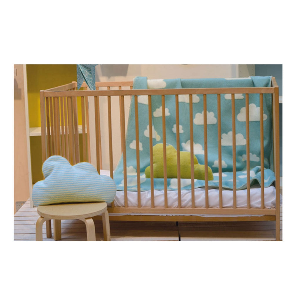David Fussenegger soft cotton large baby blue blanket with cloud detail and stitched edges