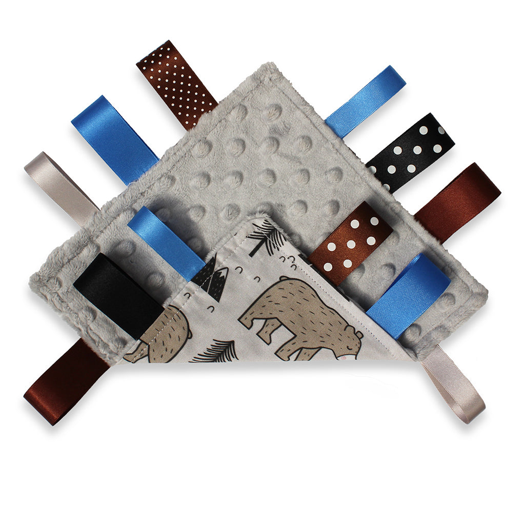 Views of the both sides of Hedgehog Gifts baby gift handmade mountain bear taggy comforter blanket with satin ribbons in blue brown grey