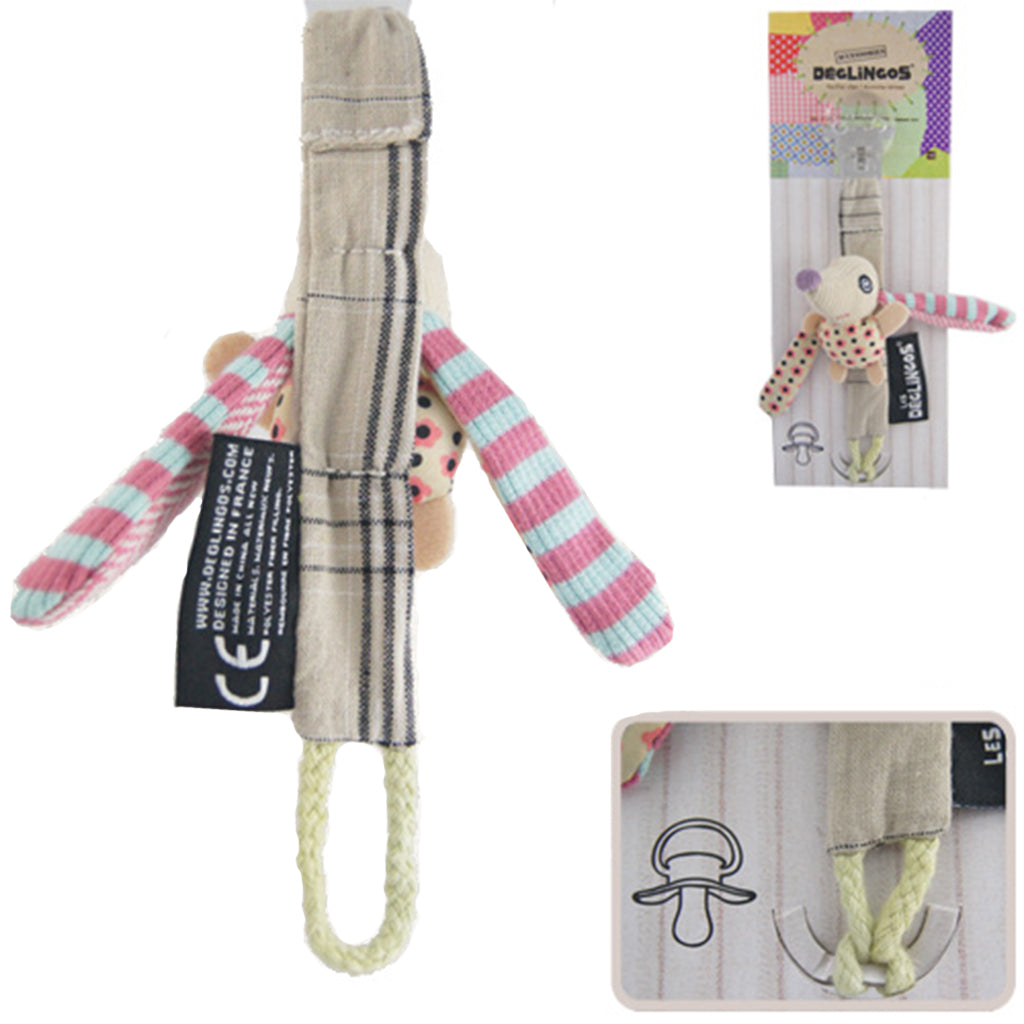 quirky deglingos nonos dog baby girl boy dummy soother pacifier clip with long stripy ears comes packaged on cardboard