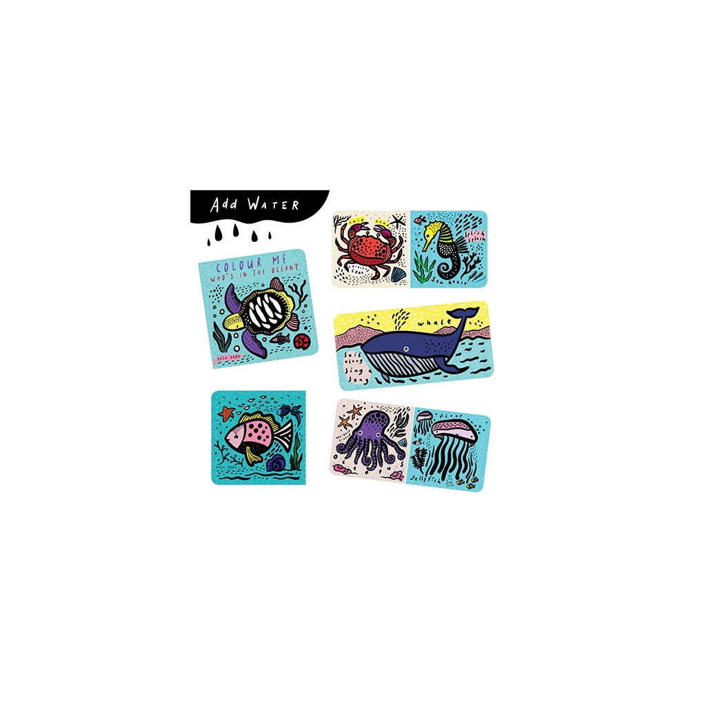 Open pages of Wee Gallery beautifully illustrated bath book magically change colour when you dip it in water. Introduces children to a range of sea creatures that include a fish, an octopus and a starfish