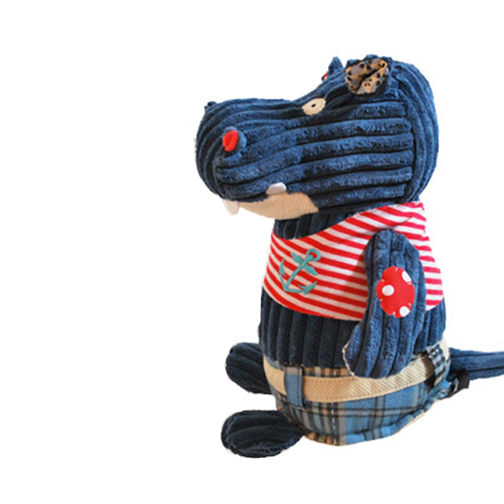 Side view of the totally adorable Deglingos Original Hippo super soft toy with huge blue nose and corturoy body
