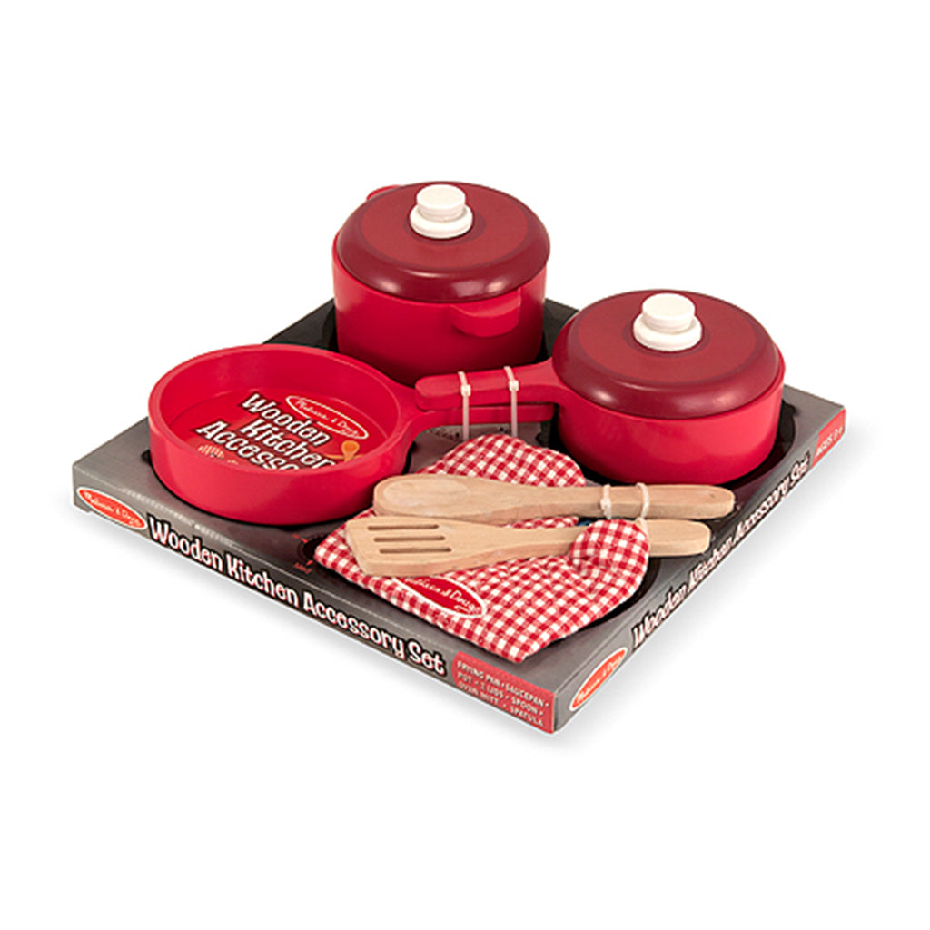 melissa and doug eight piece children’s red wooden pan set presented on oven card