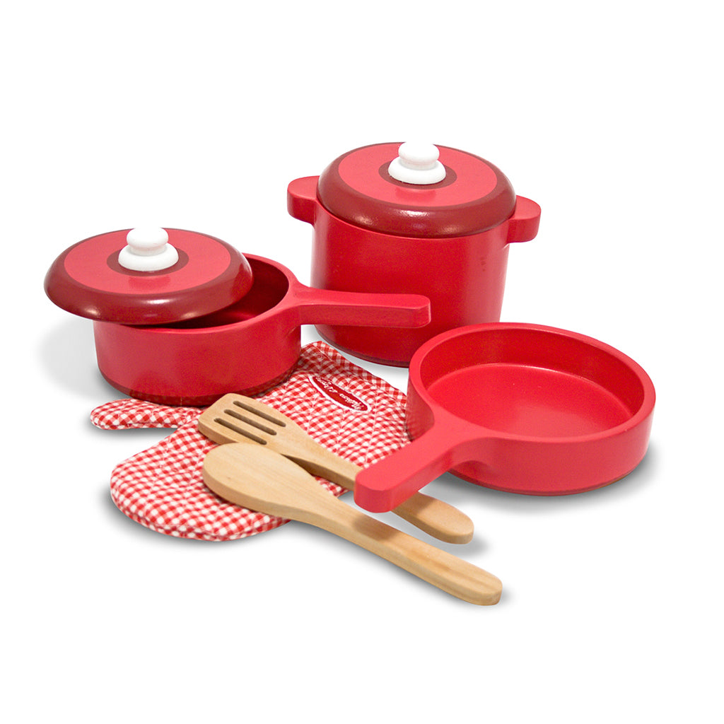 melissa and doug eight piece children’s red wooden pan set with spoons spatula and oven mitt
