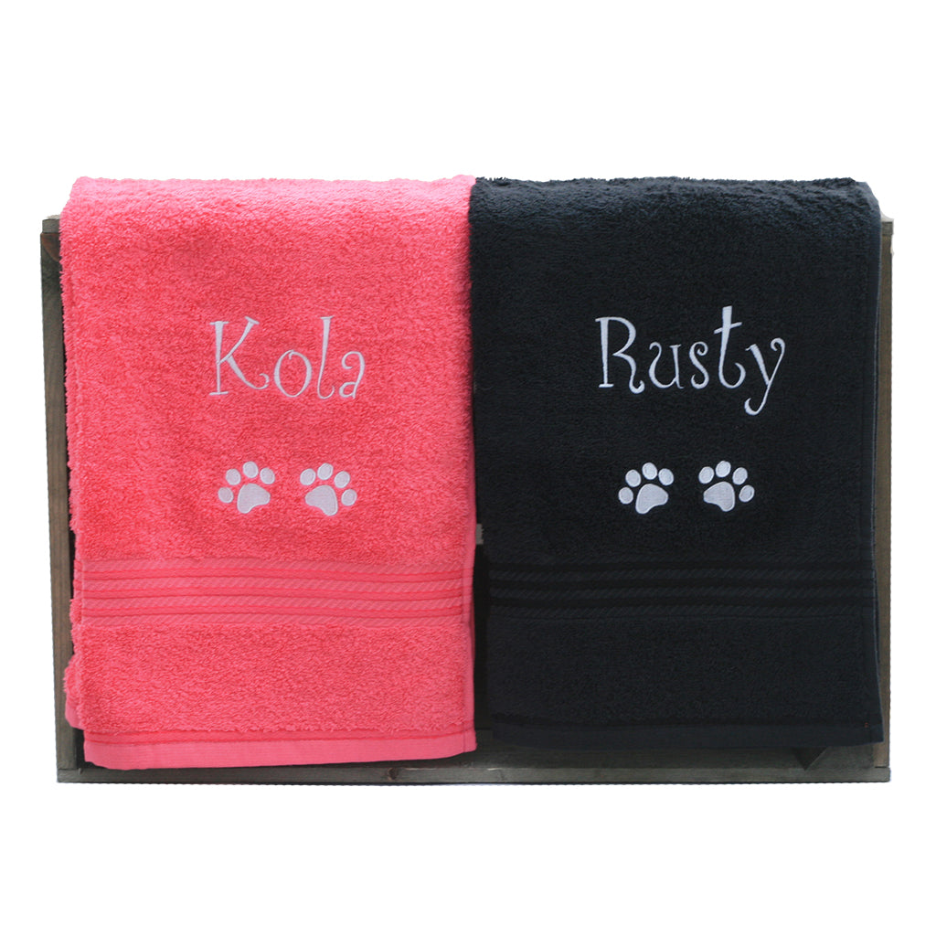 Two pet towels pink and black embroidered or personalised with Kola and Rusty