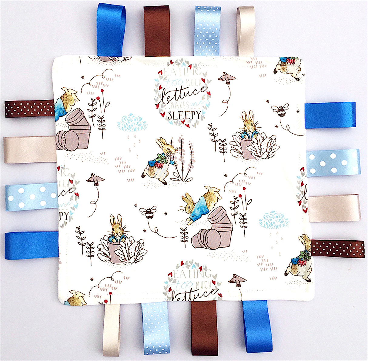 Peter Rabbit Cotton Fabric Minky Taggy with Blue Ribbons