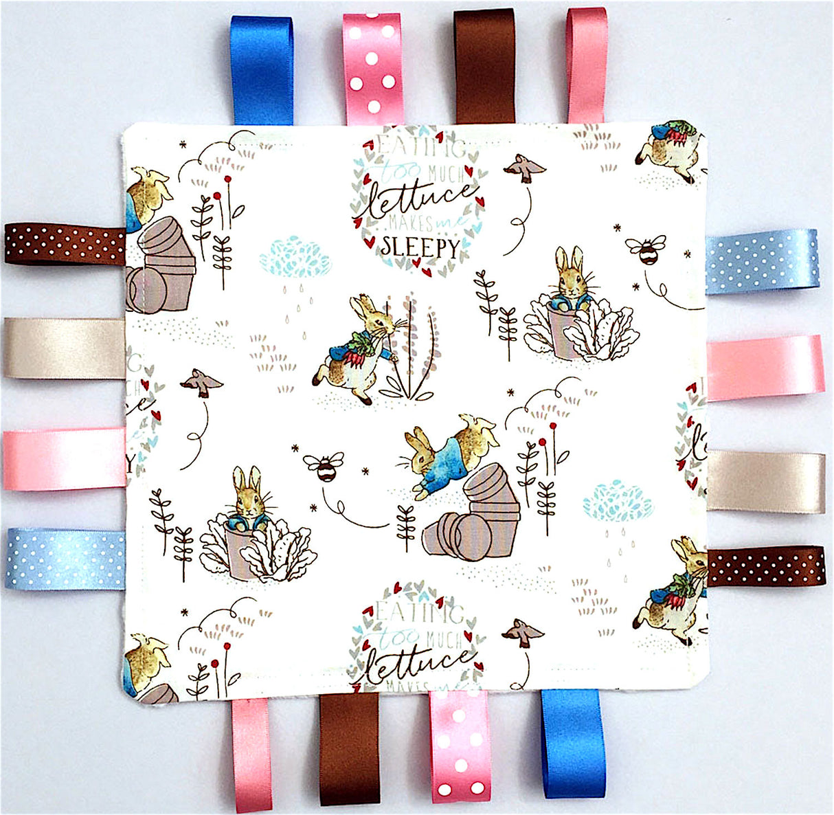 Peter Rabbit Cotton Fabric Minky Taggy with Pink Ribbons