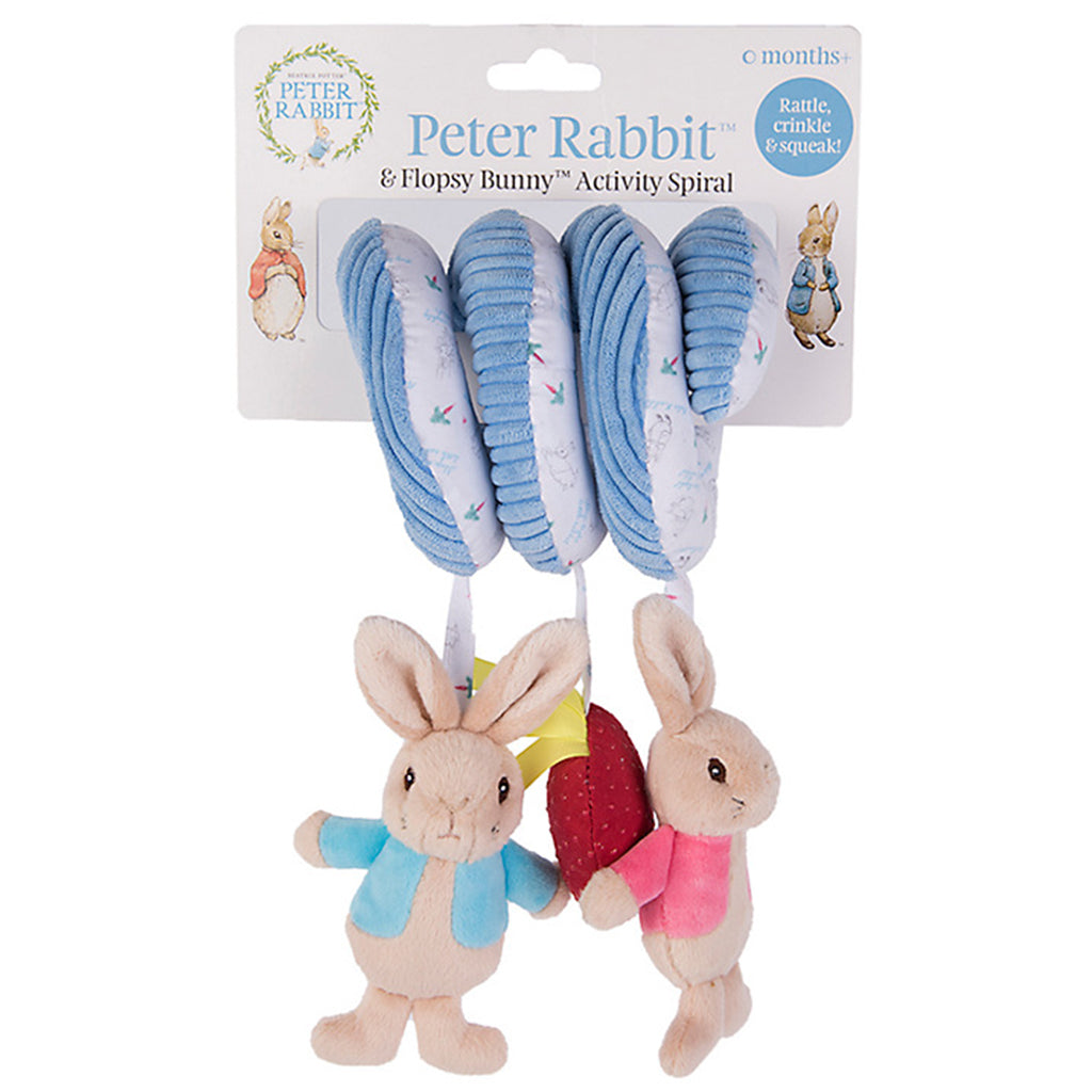 Peter Rabbit Activity Spiral is made from a soft corded plush fabric with a patterned underside. Includes: a soft Flopsy with crinkle, a soft plush Peter with crinkle, and textured soft strawberry with squeaker