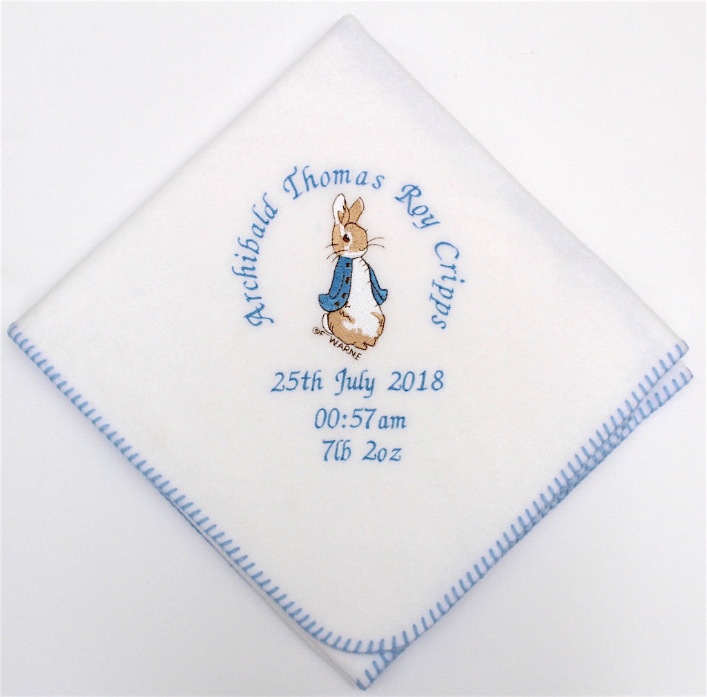 Beatrix Potter Peter Rabbit blanket personalised around an embroidered blue coat bunny