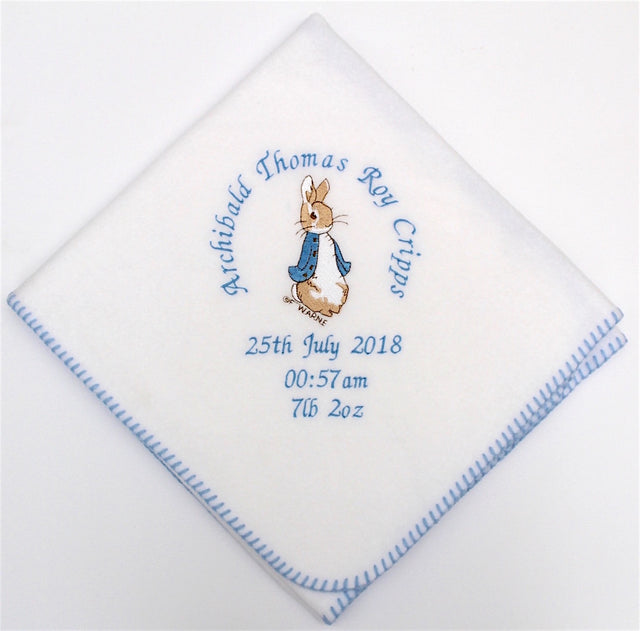 Beatrix Potter Peter Rabbit blanket personalised around an embroidered blue coat bunny