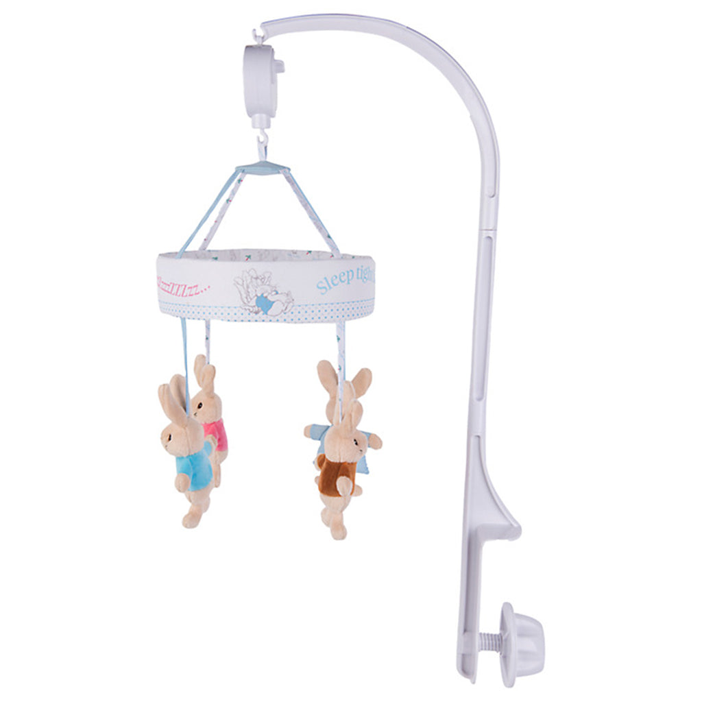 Fully displayed out the box the beautiful Peter Rabbit musical cot mobile featuring the four adorable characters from the original tales of Beatrix Potter. Peter Rabbit, Flopsy Bunny, Benjamin Bunny and Cotton Tail hang from a circular fabric mobile with cute "Sleep tight little bunny" wording.