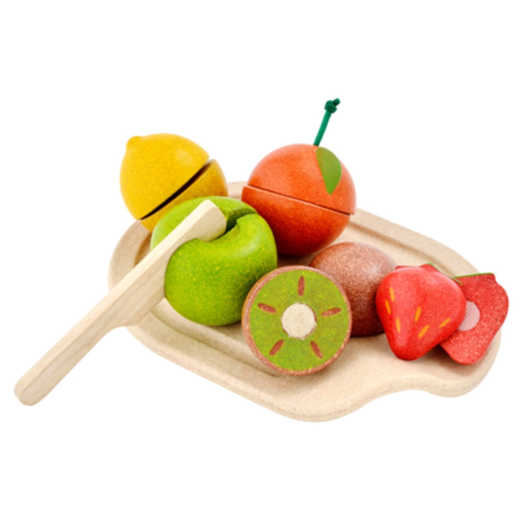 Plan Toy eco friendly assorted fruit set comprising of five toy wooden fruits ready to be "chopped" - fruity, delicious play food with wooden knife