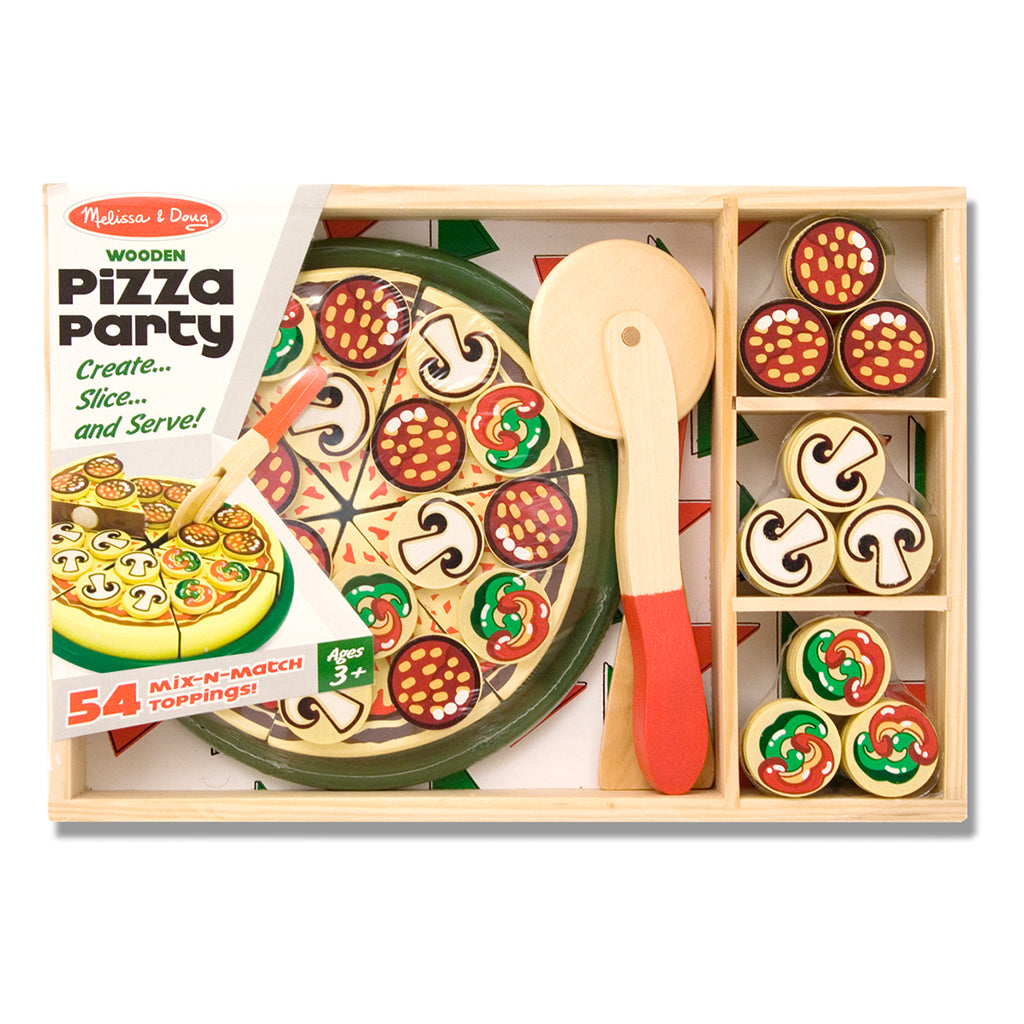 melissa and doug childrens pizza set, pizza with spatula cuuter and 50 toppings with wooden box