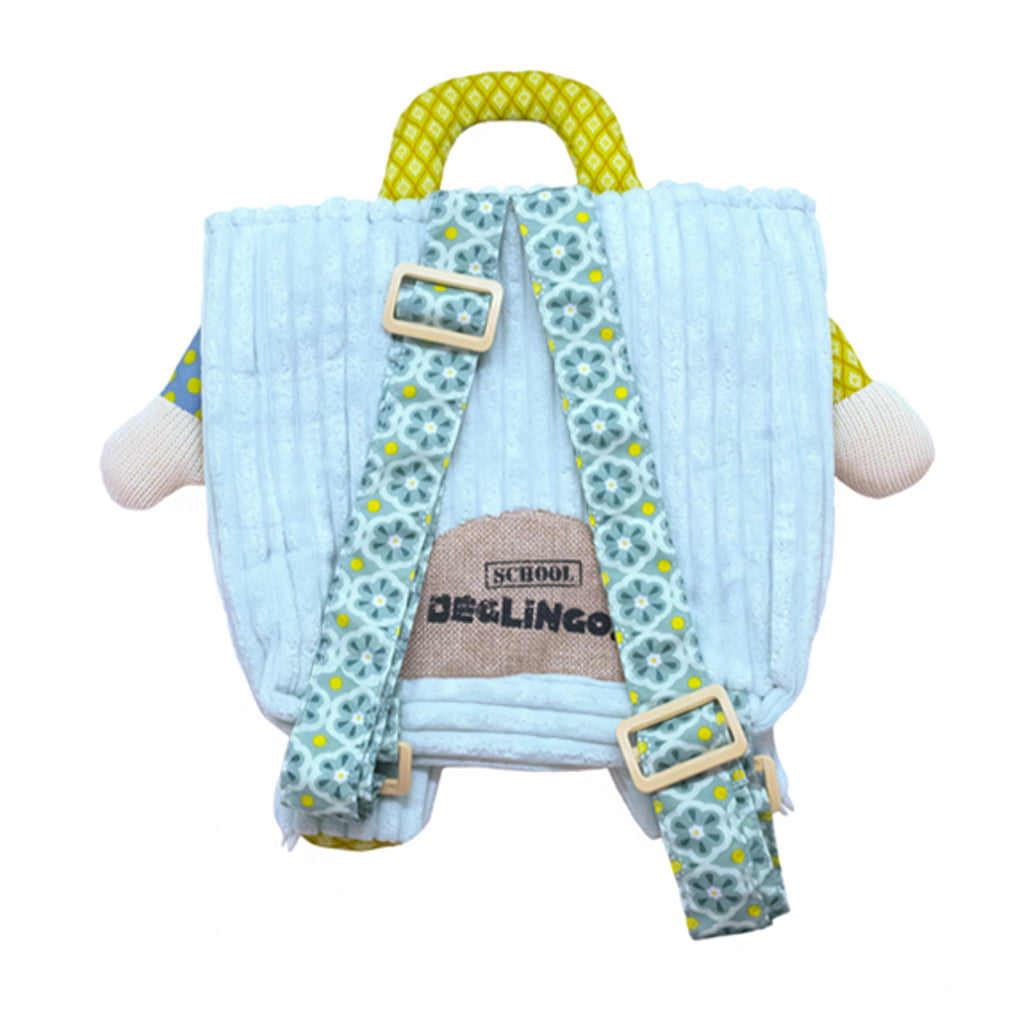Rear view of features adjustable colourful shoulder straps as well as a carry handle.