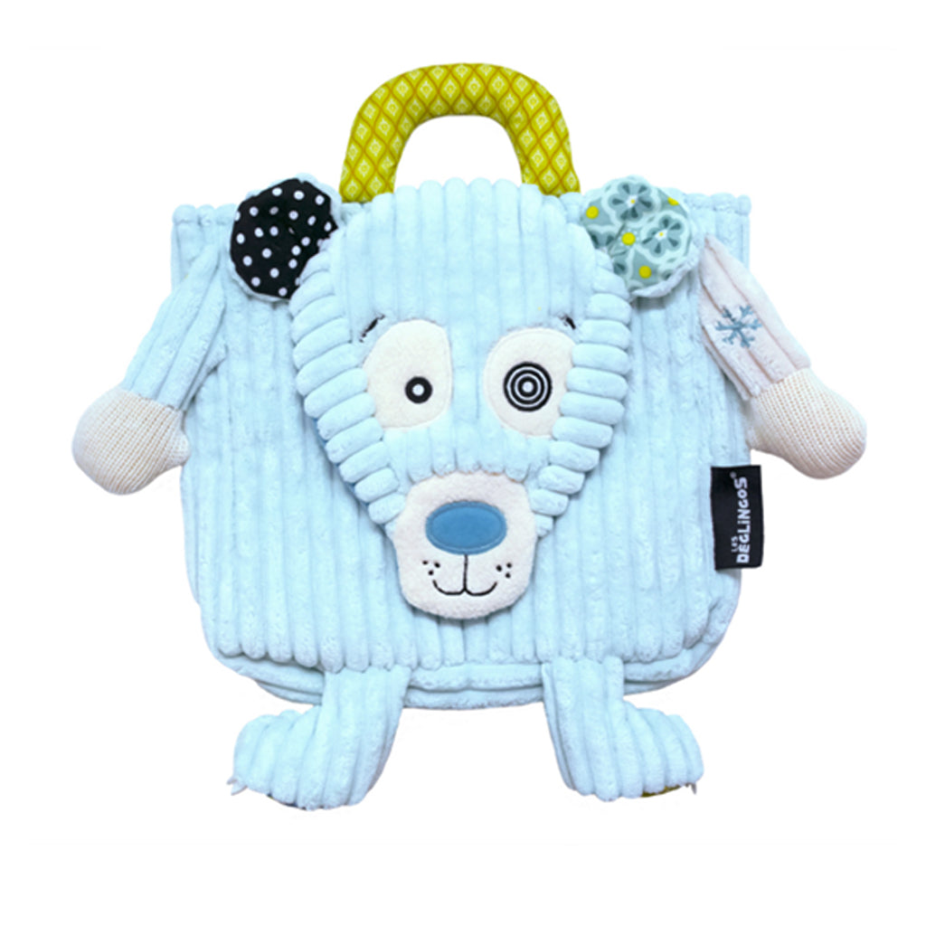 A soft aqua blue Polar Bear Backpack features adjustable colourful shoulder straps as well as a carry handle. is perfect for a little girl to take to school or on outings to keep snacks and toys in.