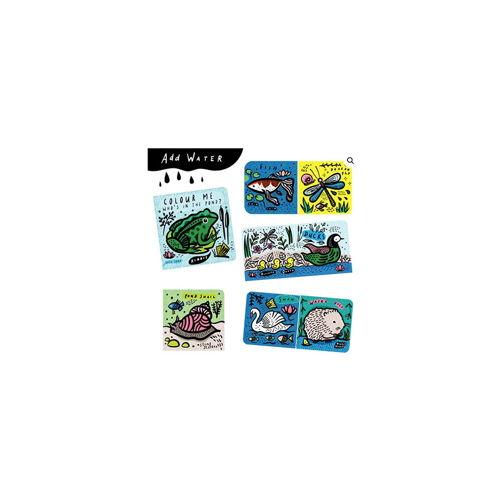 Wee Gallery beautifully illustrated bath book will magically change colour when you dip it in water.introduces children to a whole host of pond life such as frogs and dragonflies, fish, water snails and much more.