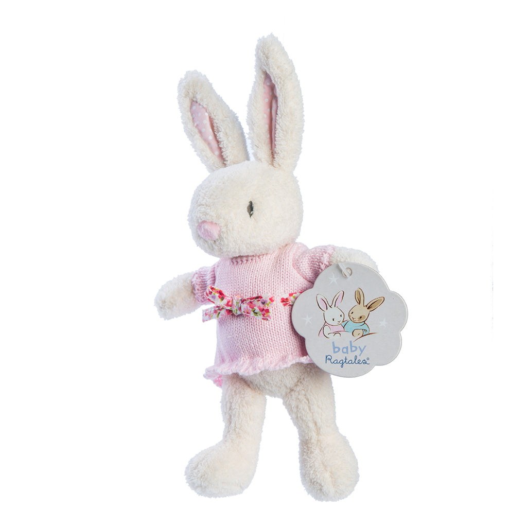 ragtales baby fifi rabbit soft toy rattle gift wearing baby pink cotton dress with floral bow