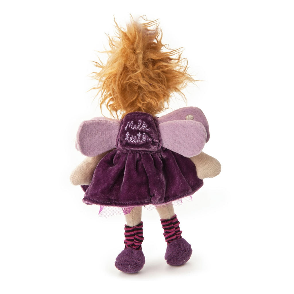 Rear view of Impish Ragtales purple tooth fairy doll with backpack for lost milk tooth wearing purple socks