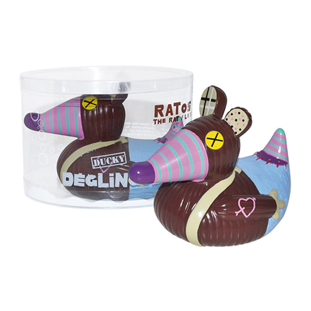Deglingos Baby Ratos Ducky Bath Toy in his package and sitting beside