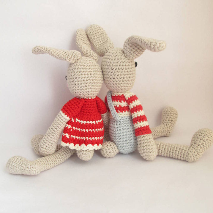 Rear view of Hand crocheted beautiful boy bunny rabbit with a friend