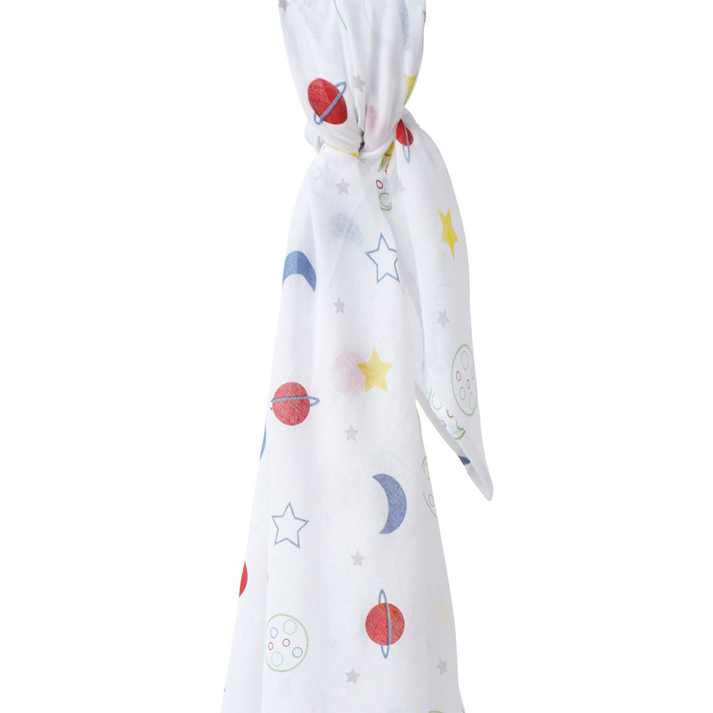 Organic piccalilly stars and planet white muslin swaddle for newborn babies