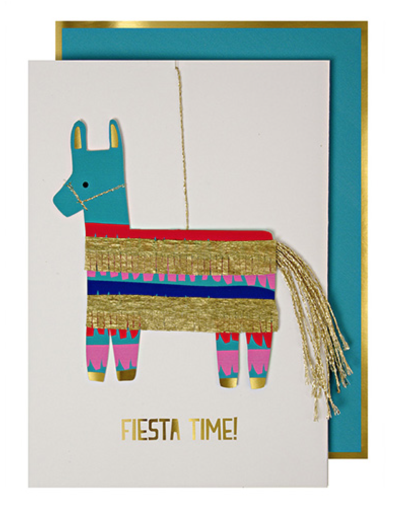fiesta themed birthday card with gold foil, gold stitching and tassel, envelope with gold border
