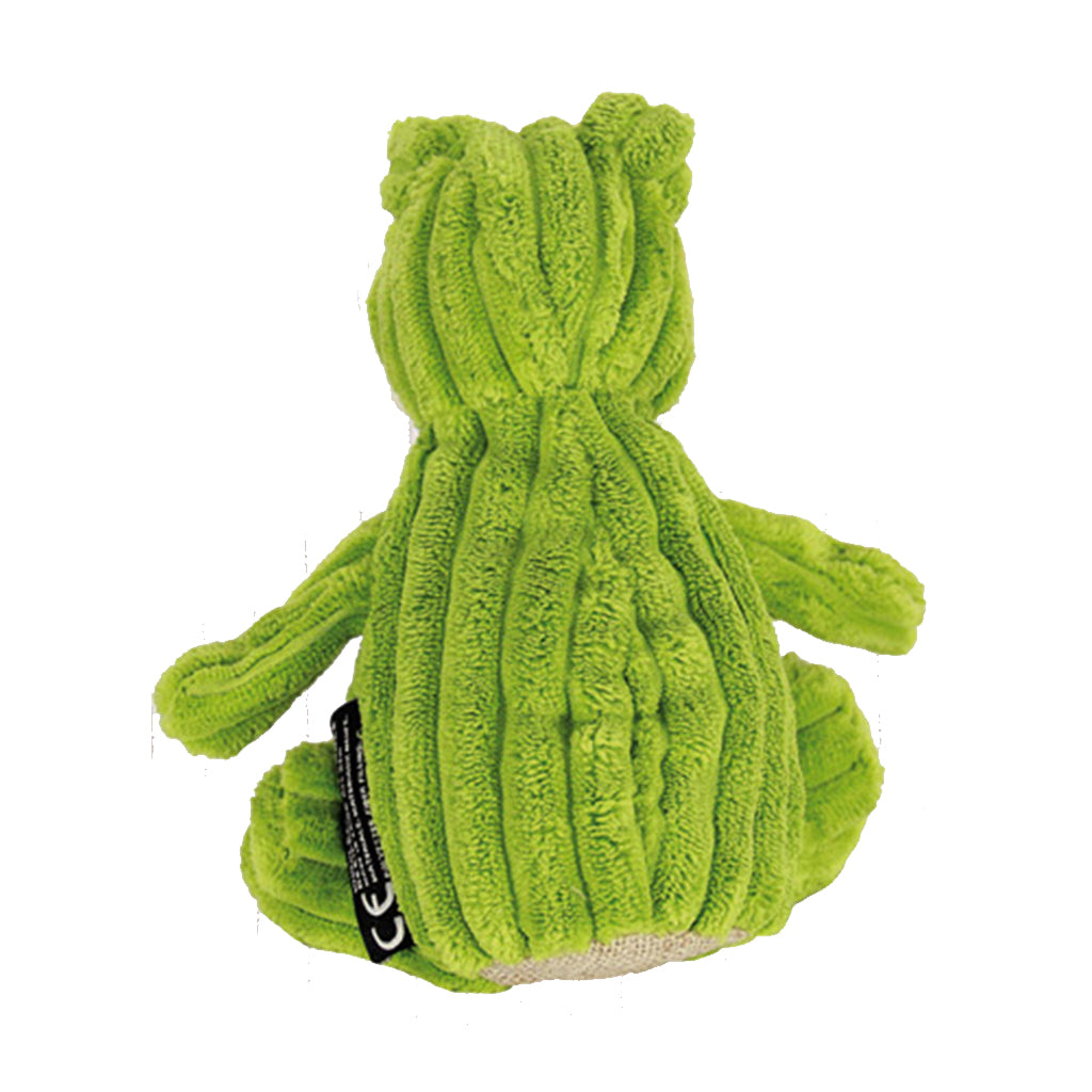 Rear view of Simply Frog for baby’s first Deglingos soft toy has a green corturoy soft body with a huge smile
