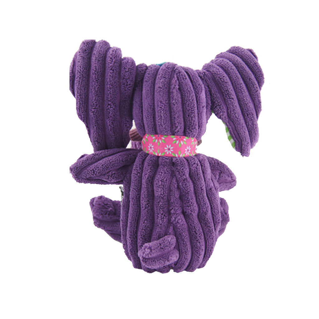 Rear view of Simply Elephant for baby’s first Deglingos soft toy with big pink and green ears and purple corduroy body
