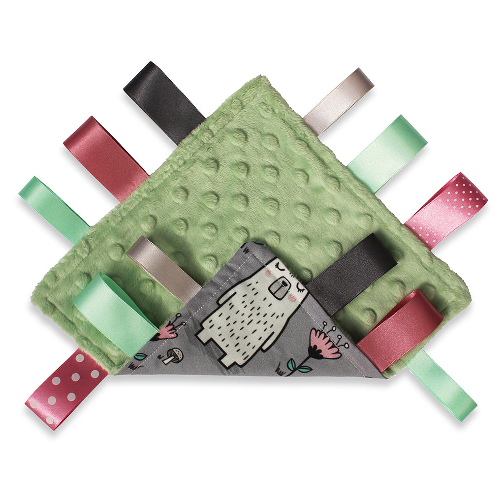 sleepy bear taggy baby girl gift comforter blanket with pink green and grey tags minky fabric