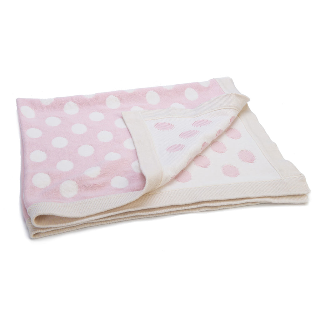 A beautiful organic pink and cream Spotty Blanket luxury double sided organic blankets have been knitted in beautiful two-tone colours made of the softest cotton