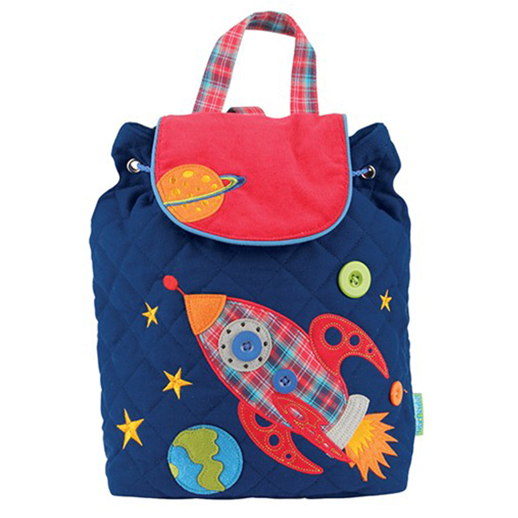 Stephen Joseph blue toddler boys quilted backpack embroidered and appliquéd rocket, earth and stars