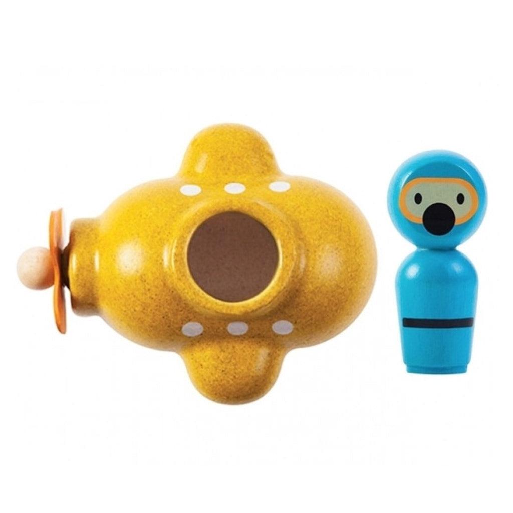 Plan Toy Yellow Submarine eco friendly with a spinnable propeller and a blue removable diver standing nearby