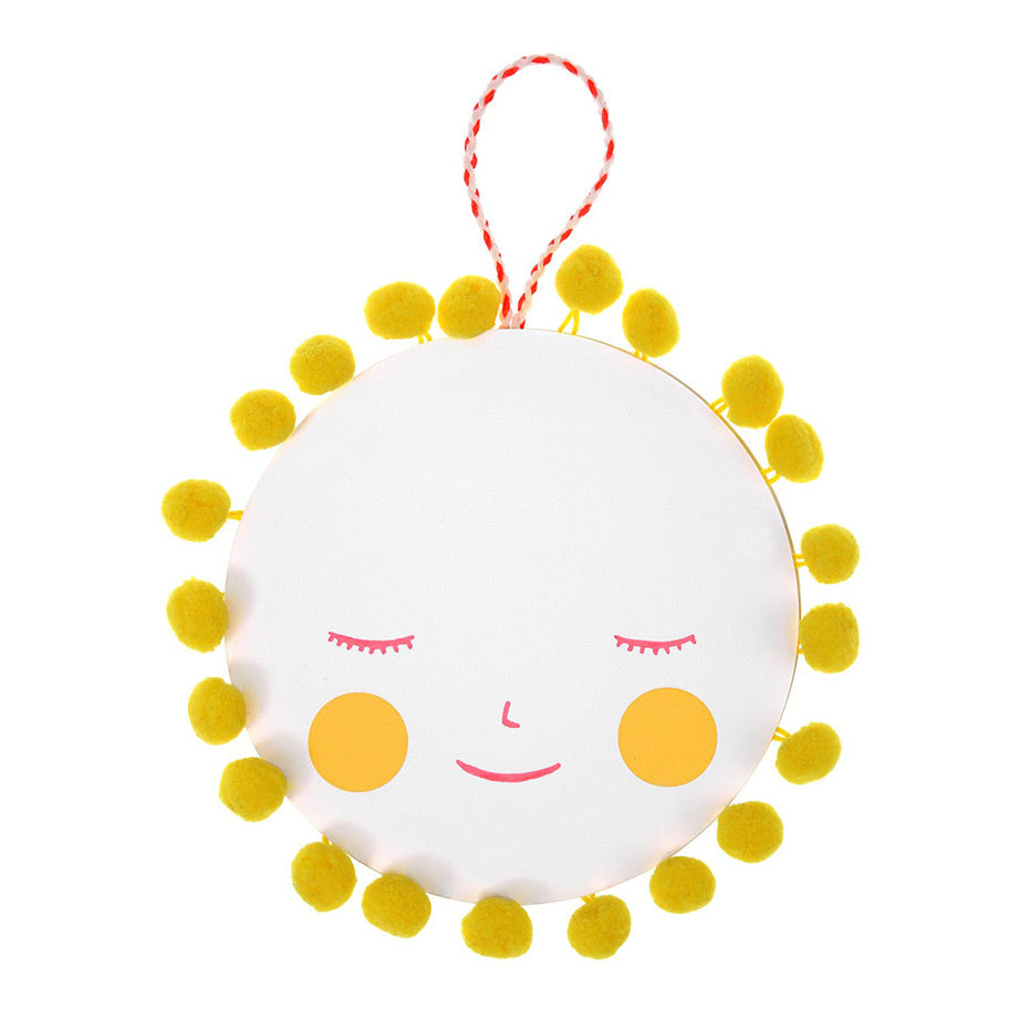 Meri Meri new baby card with sun design embellished with lots of bright orange pom-poms unisex card