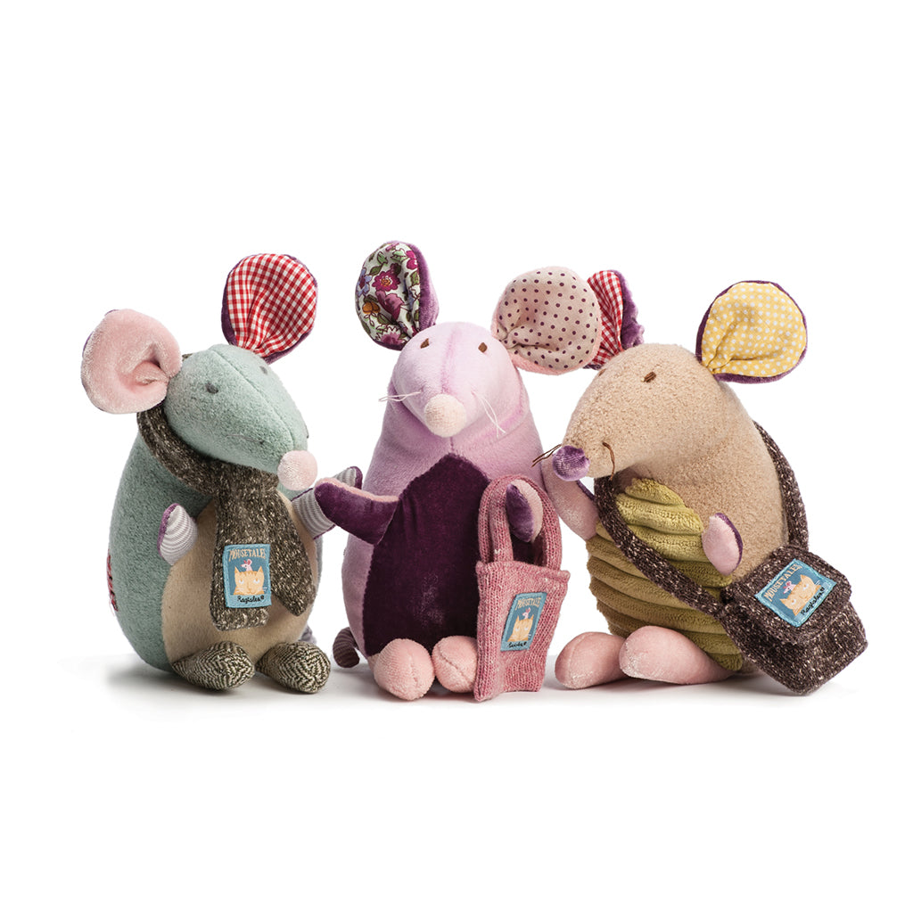 Three standing together One is Ragtales Mouse Pom Pom birthday gift with pink and mauve patchwork velour fabric body and shopping bag