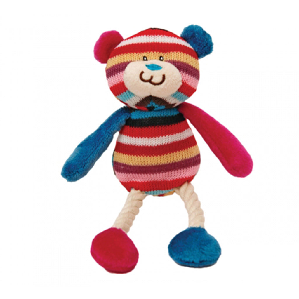 Colourful stripey plush Mini Tilly Teddy rope dog toy for playtime with squeaker inside