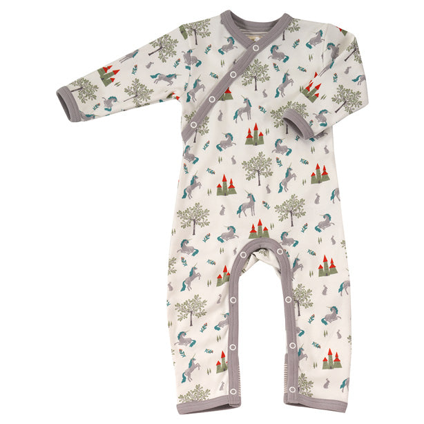 Pigeon Organics Unicorn castle fairytale cream and purple sleepsuit for newborn baby girl