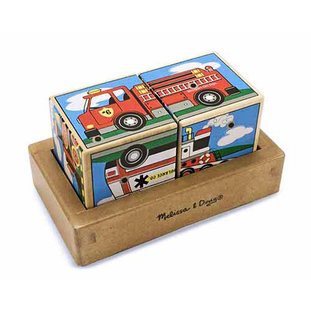 Melissa & Doug Vehicle Sound Block with two wooden blocks picturing a fire engine, jet plane, locomotive, tugboat, ambulance and motorcycle