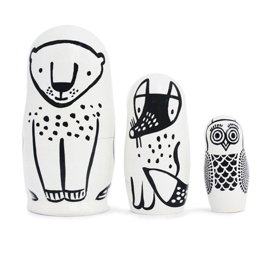 Wee Gallery hand-painted monochrome black and white baby newborn gift woodland nesting dolls; bear fox owl