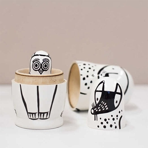 Wee Gallery hand-painted monochrome black and white baby newborn gift woodland nesting dolls; bear fox owl