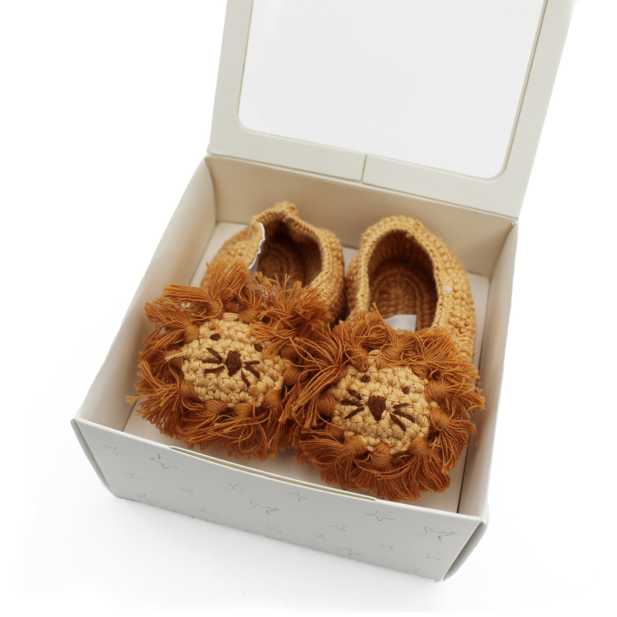 Albetta Crochet Lion Baby Booties presented in open white Albetta gift box