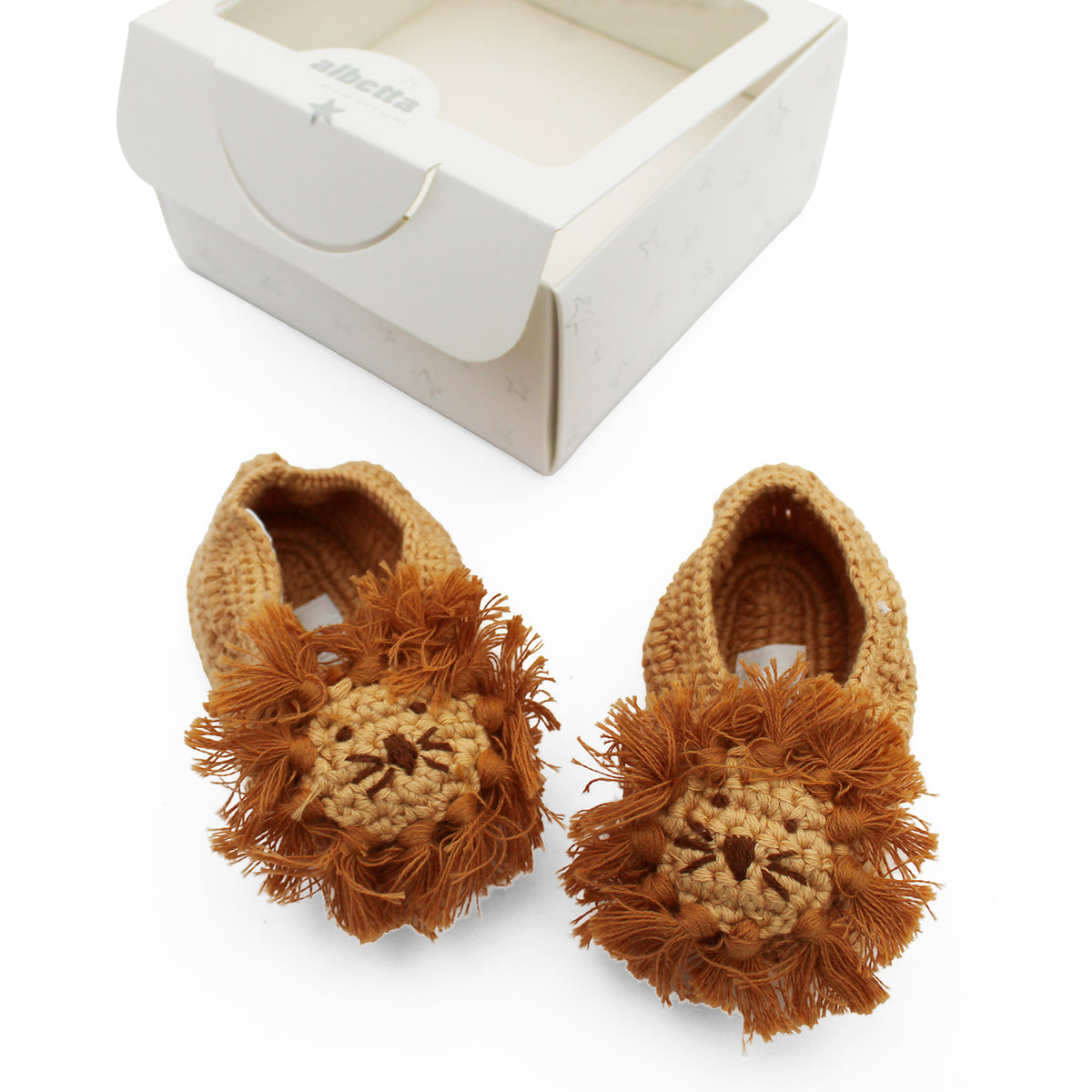 Albetta Crochet Lion Baby Booties with white gift box - hand-crocheted lion face with fluffy golden mane