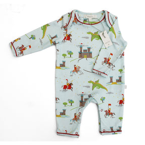 Blue babygrow with knights, castle and dragons print